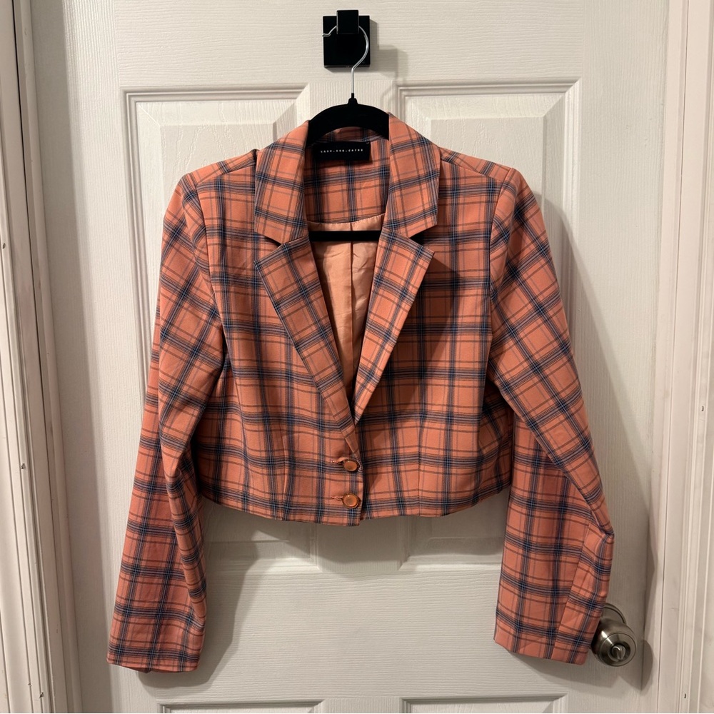 Cropped lightweight blazer in soft coral, lavender, light blue and navy plaid